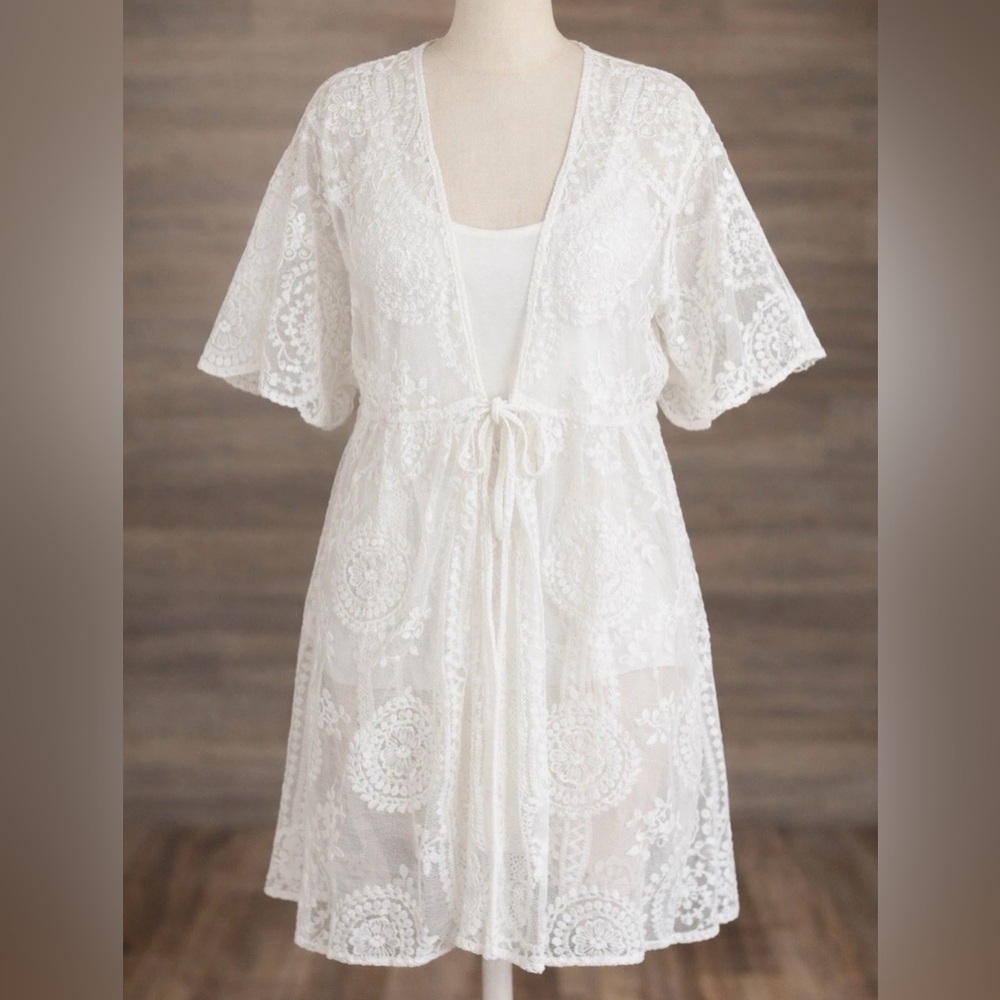 White Lace Sheer Tie Front Duster Kimono 2X Romantic Cottagecore Boho Festival